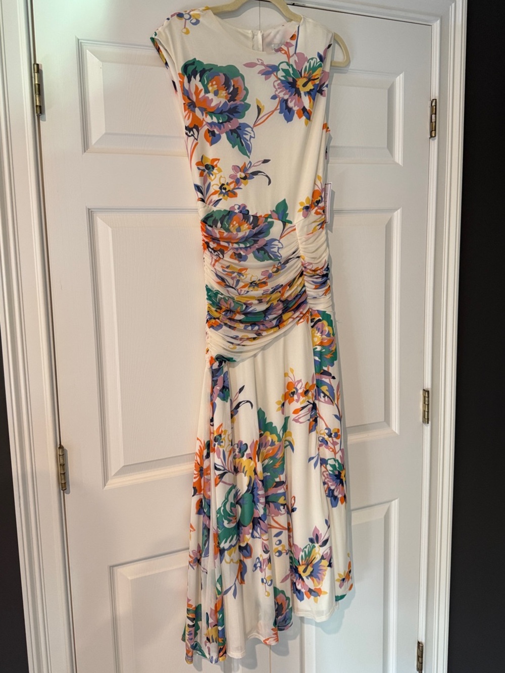NWT Floral Ruched Ivory Midi Dress with Multicolor Blossoms
